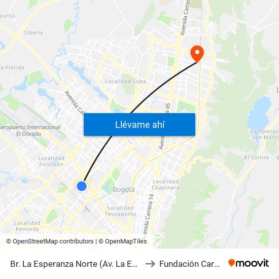 Br. La Esperanza Norte (Av. La Esperanza - Kr 69d) to Fundación Cardio Infantil map