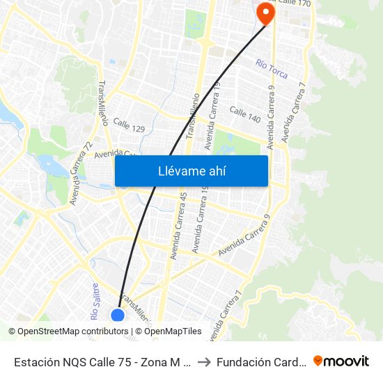 Estación NQS Calle 75 - Zona M (Av. NQS - Cl 75) to Fundación Cardio Infantil map