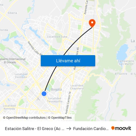 Estación Salitre - El Greco (Ac 26 - Ak 68) to Fundación Cardio Infantil map