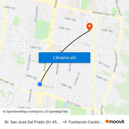 Br. San José Del Prado (Kr 45a - Cl 137) to Fundación Cardio Infantil map