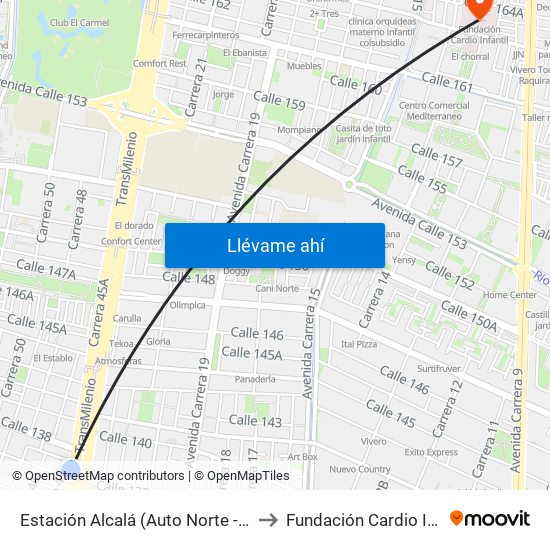 Estación Alcalá (Auto Norte - Cl 136) to Fundación Cardio Infantil map