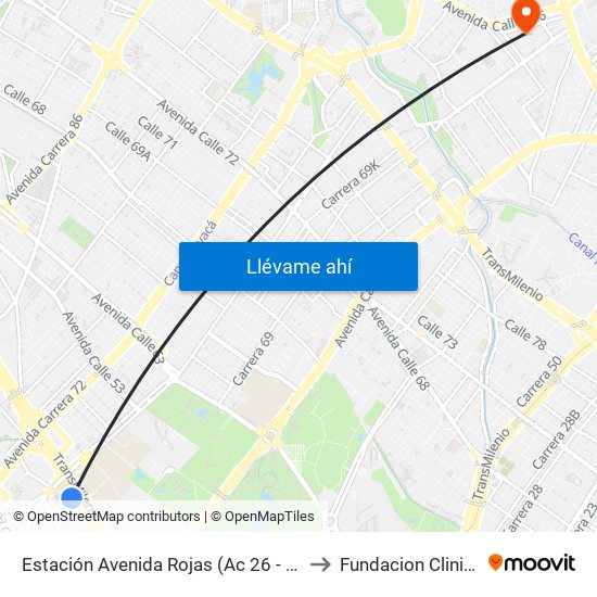 Estación Avenida Rojas (Ac 26 - Kr 69d Bis) (B) to Fundacion Clinica Shaio map