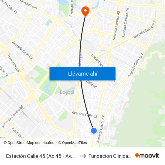 Estación Calle 45 (Ac 45 - Av. Caracas) to Fundacion Clinica Shaio map