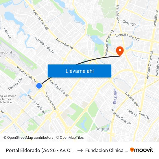 Portal Eldorado (Ac 26 - Av. C. De Cali) to Fundacion Clinica Shaio map