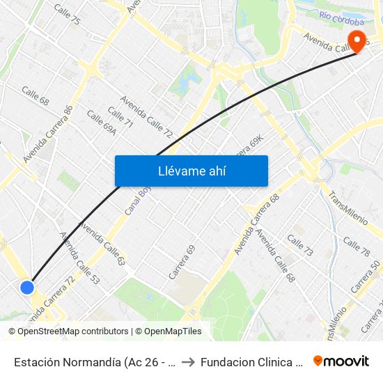 Estación Normandía (Ac 26 - Kr 74) to Fundacion Clinica Shaio map