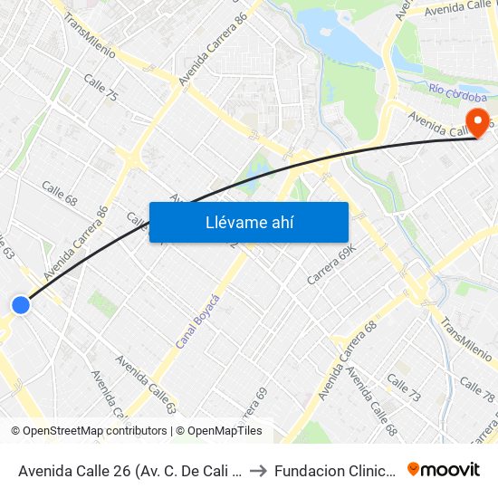 Avenida Calle 26 (Av. C. De Cali - Cl 51) (A) to Fundacion Clinica Shaio map