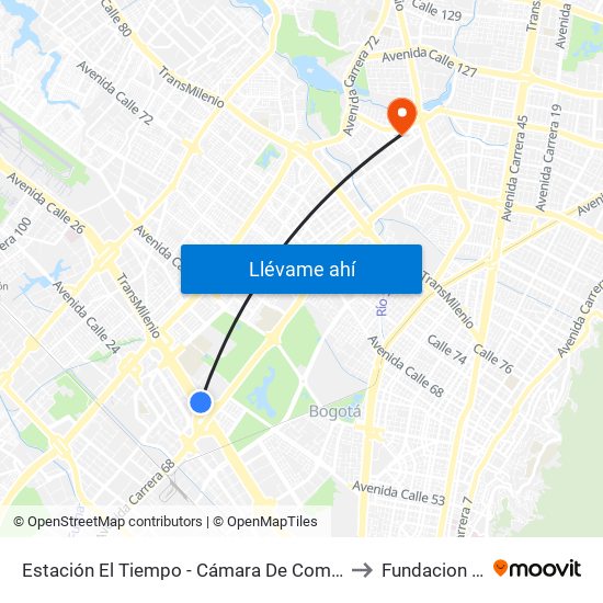 Estación El Tiempo - Cámara De Comercio De Bogotá (Ac 26 - Kr 68b Bis) to Fundacion Clinica Shaio map