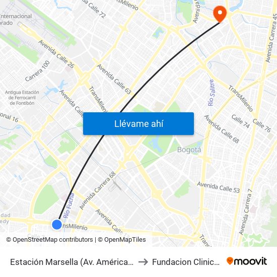 Estación Marsella (Av. Américas - Kr 69b) to Fundacion Clinica Shaio map