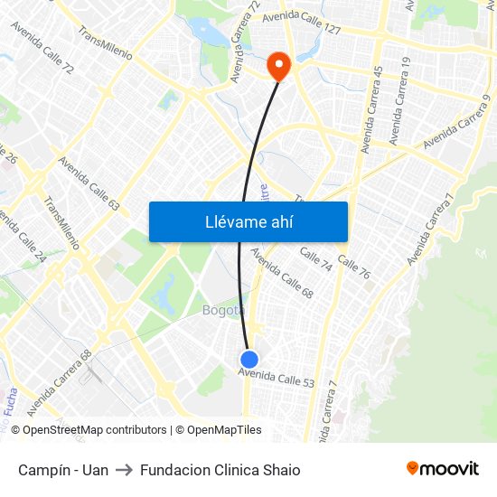 Campín - Uan to Fundacion Clinica Shaio map