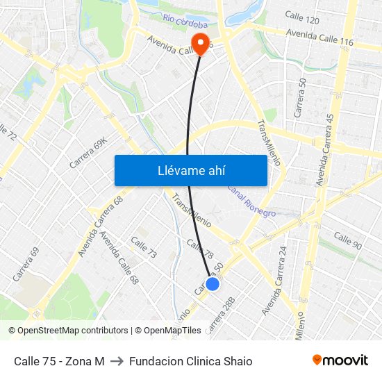 Calle 75 - Zona M to Fundacion Clinica Shaio map