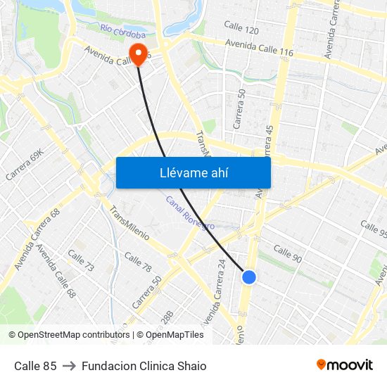 Calle 85 to Fundacion Clinica Shaio map