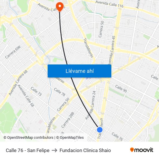 Calle 76 - San Felipe to Fundacion Clinica Shaio map