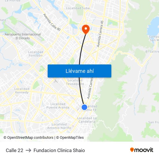 Calle 22 to Fundacion Clinica Shaio map