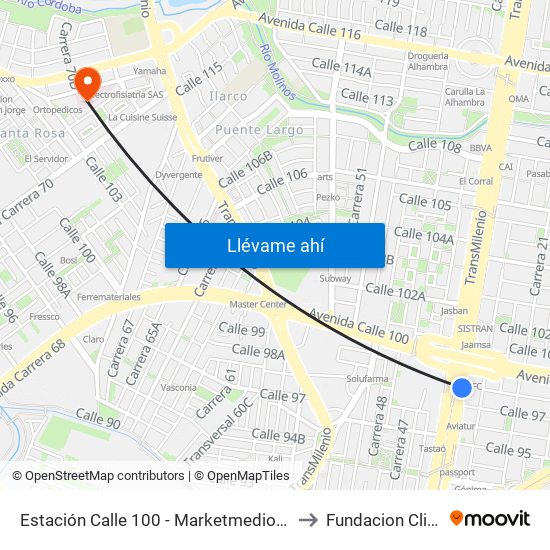 Estación Calle 100 - Marketmedios (Auto Norte - Cl 98) to Fundacion Clinica Shaio map