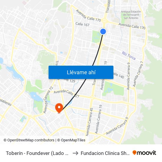 Toberín - Foundever (Lado Sur) to Fundacion Clinica Shaio map