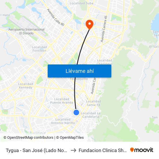 Tygua - San José (Lado Norte) to Fundacion Clinica Shaio map