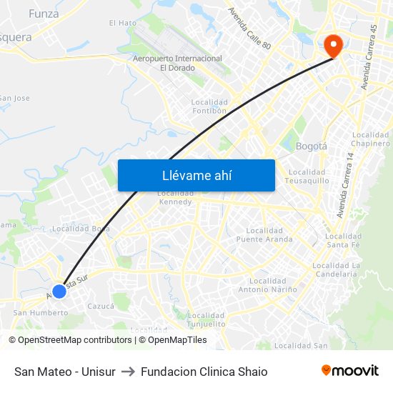 San Mateo - Unisur to Fundacion Clinica Shaio map