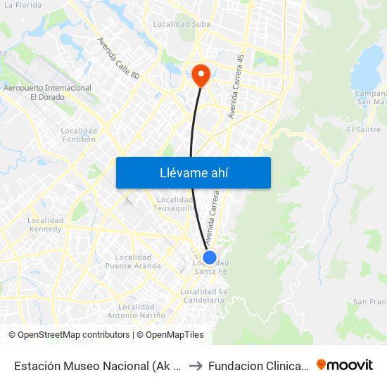 Estación Museo Nacional (Ak 7 - Cl 29) to Fundacion Clinica Shaio map