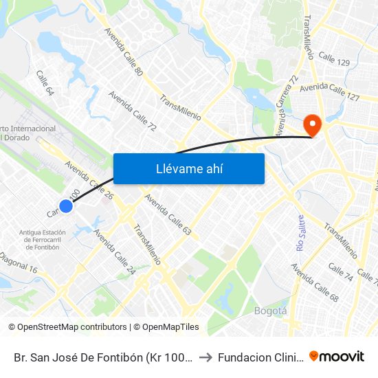 Br. San José De Fontibón (Kr 100 - Av. Esperanza) to Fundacion Clinica Shaio map