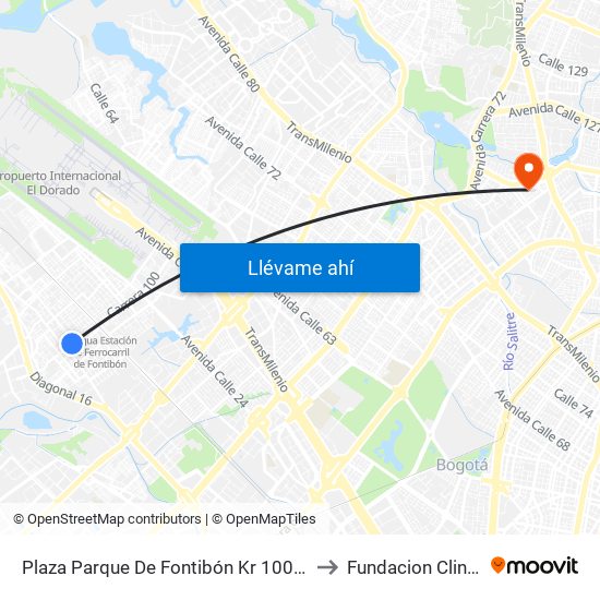 Plaza Parque De Fontibón Kr 100 (Kr 100 - Cl 17a) to Fundacion Clinica Shaio map
