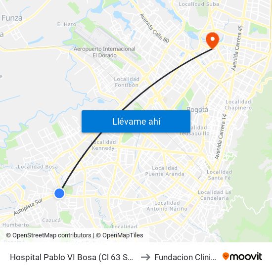 Hospital Pablo VI Bosa (Cl 63 Sur - Kr 77g) (A) to Fundacion Clinica Shaio map