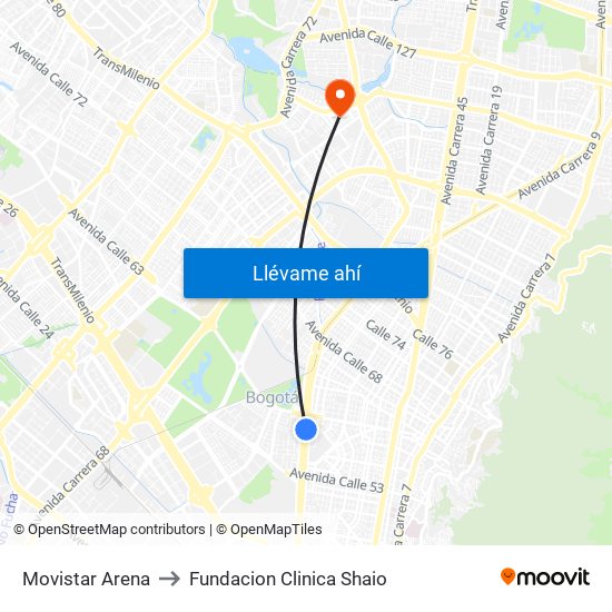 Movistar Arena to Fundacion Clinica Shaio map