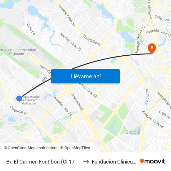 Br. El Carmen Fontibón (Cl 17 - Kr 100) to Fundacion Clinica Shaio map