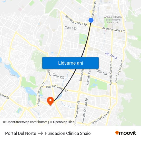 Portal Del Norte to Fundacion Clinica Shaio map