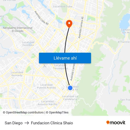 San Diego to Fundacion Clinica Shaio map