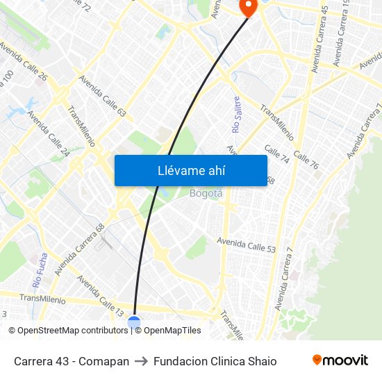 Carrera 43 - Comapan to Fundacion Clinica Shaio map