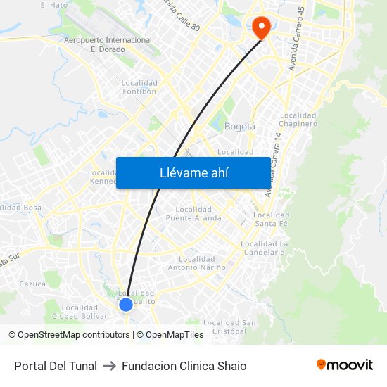 Portal Del Tunal to Fundacion Clinica Shaio map