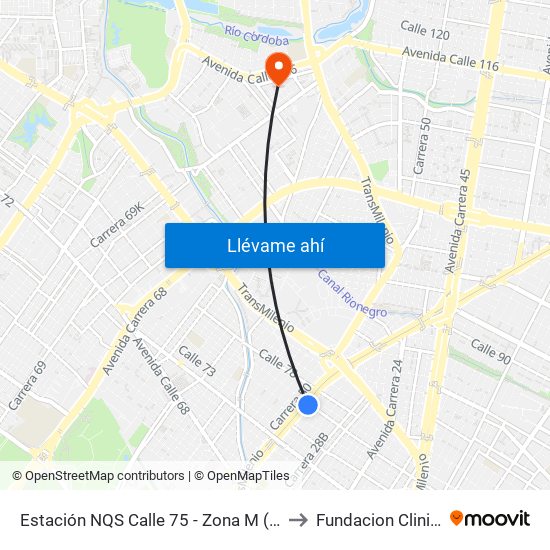 Estación NQS Calle 75 - Zona M (Av. NQS - Cl 75) to Fundacion Clinica Shaio map