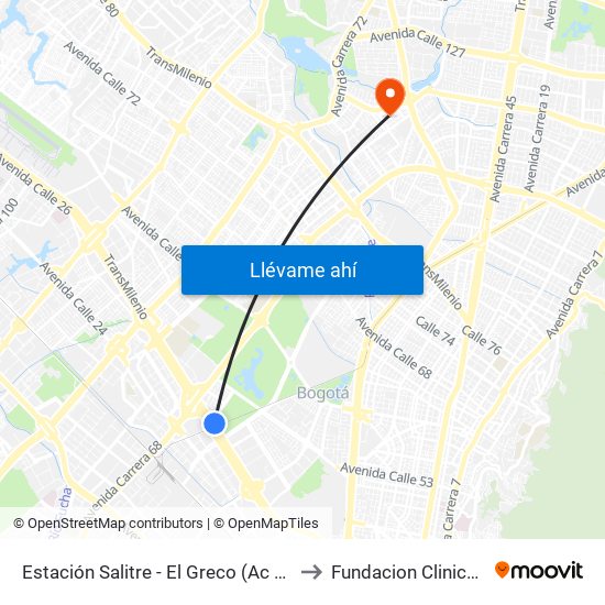 Estación Salitre - El Greco (Ac 26 - Ak 68) to Fundacion Clinica Shaio map