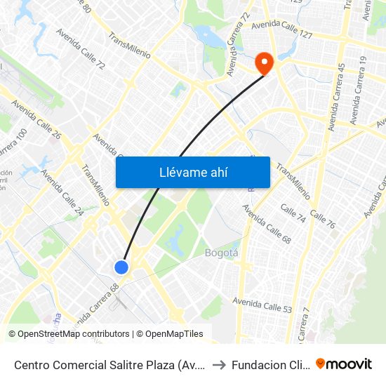 Centro Comercial Salitre Plaza (Av. La Esperanza - Kr 68a) to Fundacion Clinica Shaio map