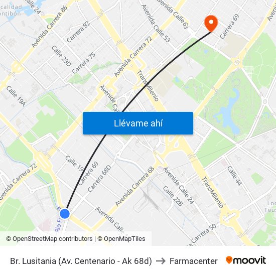 Br. Lusitania (Av. Centenario - Ak 68d) to Farmacenter map