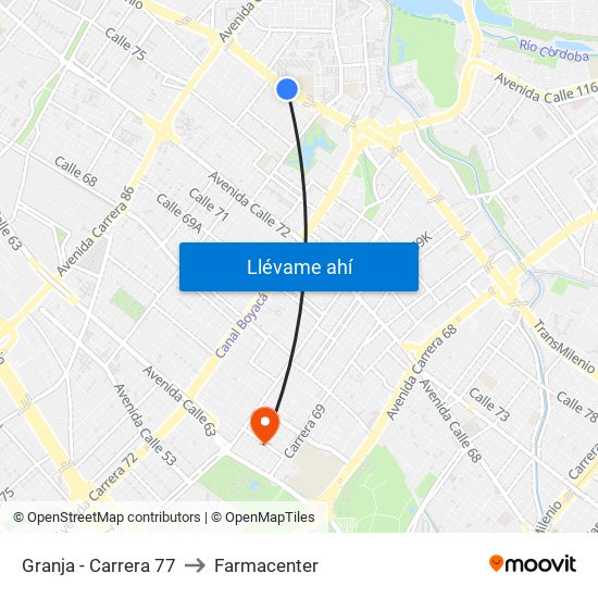 Granja - Carrera 77 to Farmacenter map