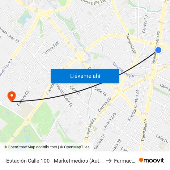 Estación Calle 100 - Marketmedios (Auto Norte - Cl 98) to Farmacenter map