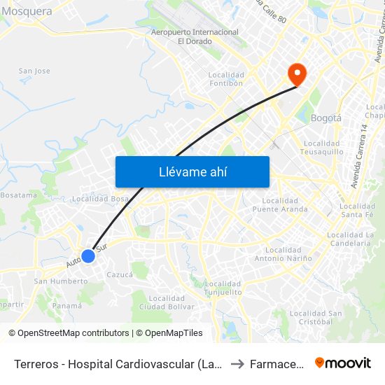 Terreros - Hospital Cardiovascular (Lado Sur) to Farmacenter map