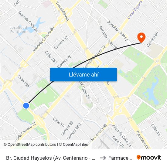 Br. Ciudad Hayuelos (Av. Centenario - Kr 78g) to Farmacenter map