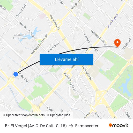 Br. El Vergel (Av. C. De Cali - Cl 18) to Farmacenter map