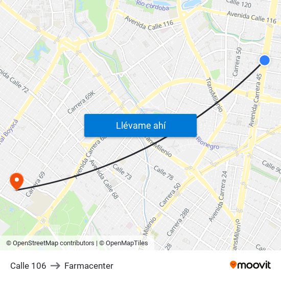 Calle 106 to Farmacenter map