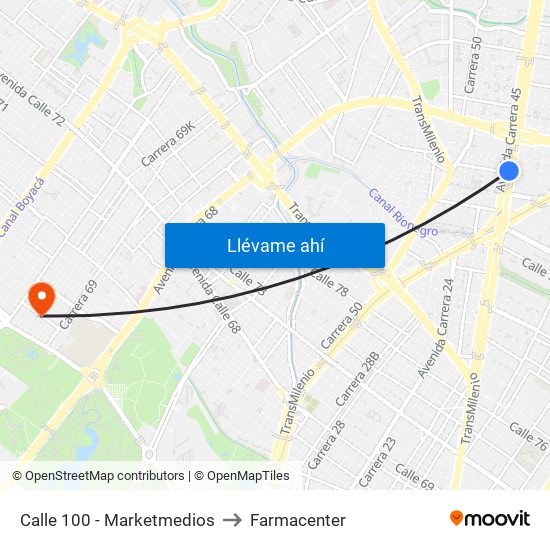 Calle 100 - Marketmedios to Farmacenter map