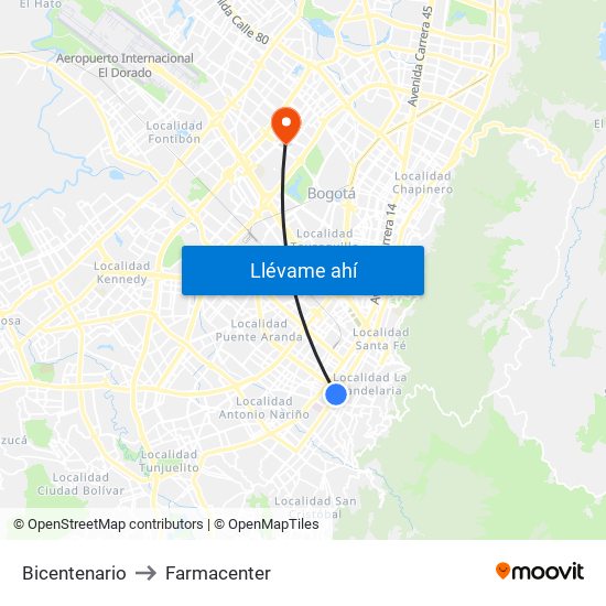 Bicentenario to Farmacenter map