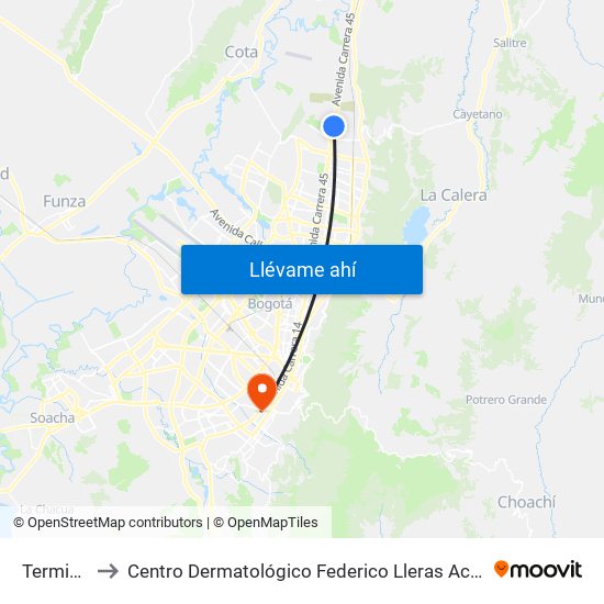 Terminal to Centro Dermatológico Federico Lleras Acosta map