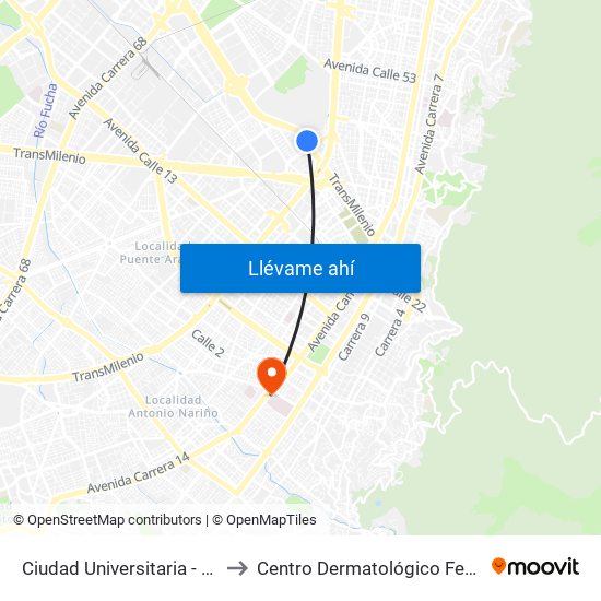 Ciudad Universitaria - Lotería De Bogotá to Centro Dermatológico Federico Lleras Acosta map