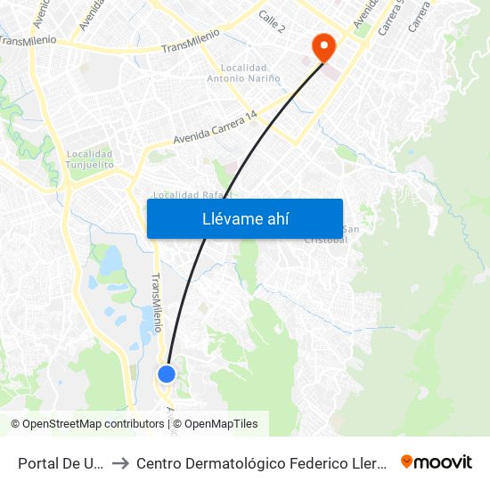 Portal De Usme to Centro Dermatológico Federico Lleras Acosta map