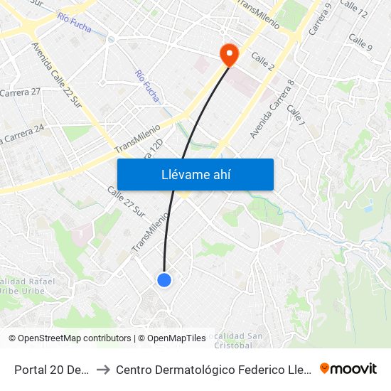 Portal 20 De Julio to Centro Dermatológico Federico Lleras Acosta map