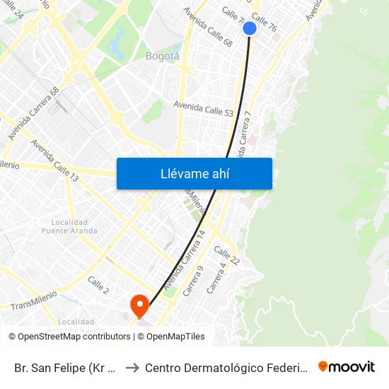 Br. San Felipe (Kr 20a - Cl 74) to Centro Dermatológico Federico Lleras Acosta map