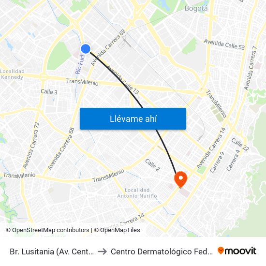 Br. Lusitania (Av. Centenario - Ak 68d) to Centro Dermatológico Federico Lleras Acosta map