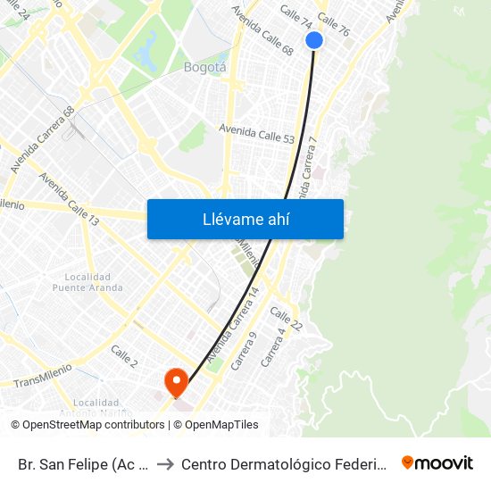 Br. San Felipe (Ac 72 - Kr 17) to Centro Dermatológico Federico Lleras Acosta map